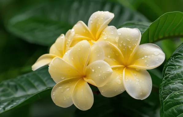 Flower, leaves, drops, macro, yellow, petals, plumeria, frangipani