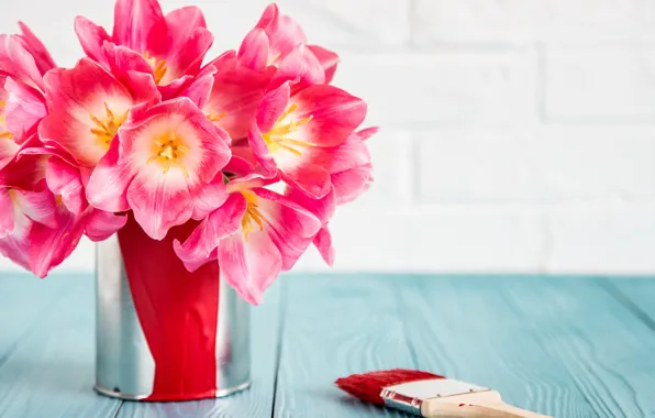 Picture flowers, paint, bouquet, tulips, love, March 8, pink, romantic