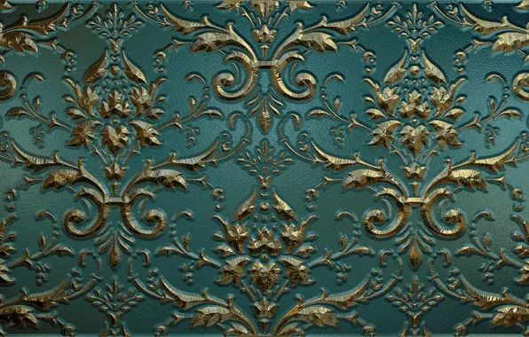 Metal, pattern, Shine, texture, gold plated, ornament, green background, relief
