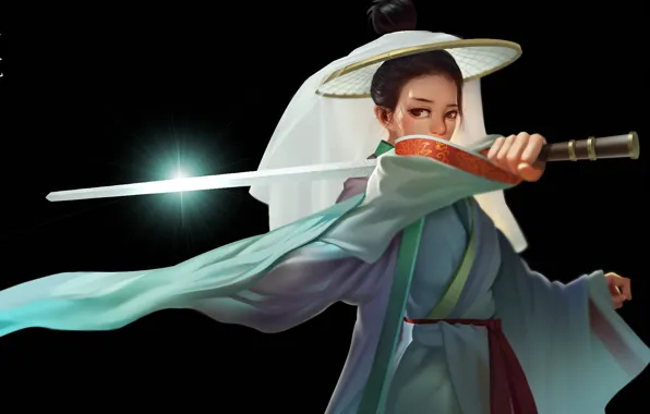 Girl, sword, fantasy, weapon, katana, digital art, artwork, black background