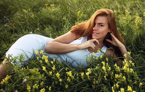 Look, girl, flowers, nature, smile, photo, hair, dress