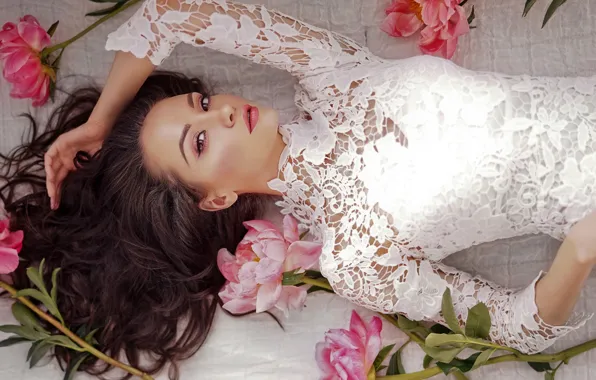 Picture look, flowers, pose, makeup, dress, hairstyle, lies, brown hair