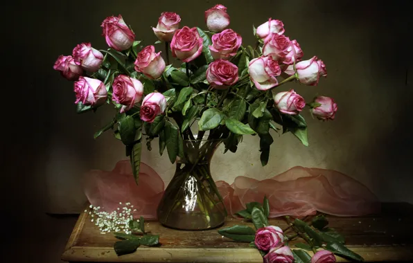 Flowers, table, roses, vase, still life, tulle