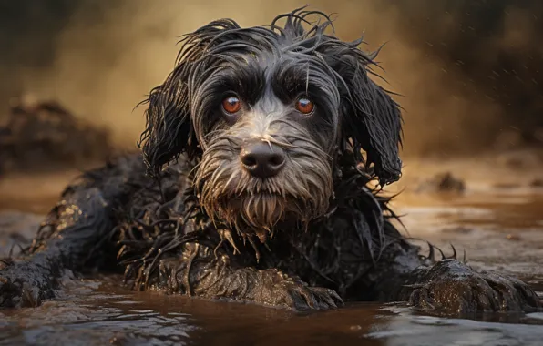 Look, water, pose, rain, portrait, dog, wet, puddle