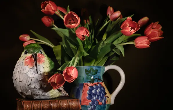 Flowers, books, bouquet, chicken, tulips, red, pitcher, black background