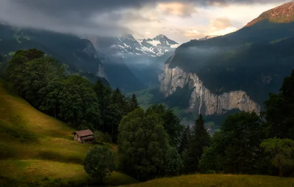 Forest, mountains, Alps, house