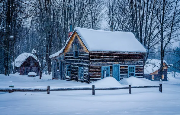 Snow, house, Miners Log Cabin