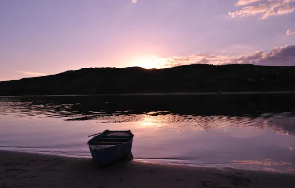 Sunset, river, hills, boat