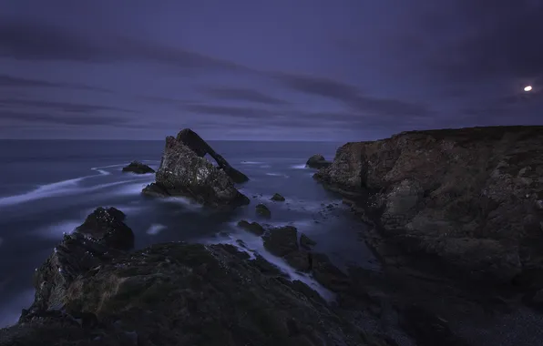 Sea, night, rocks, Scotland, the full moon