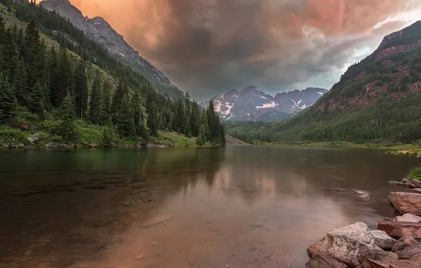 Forest, mountains, clouds, lake, Colorado, USA