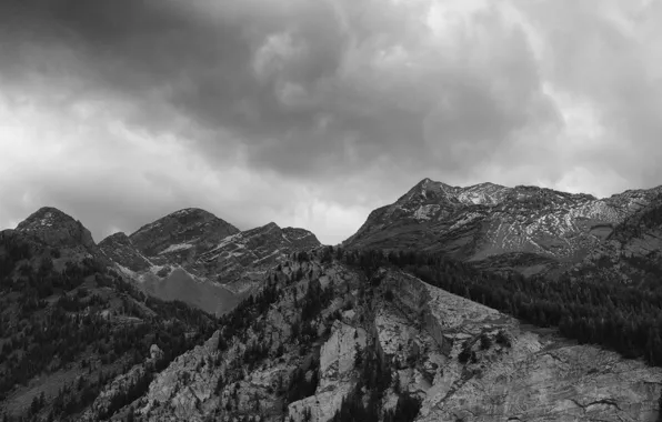 The sky, trees, mountains, clouds, nature, rocks, black and white, Utah