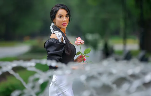 Picture girls, nature, water, flowers, beautiful, bokeh, roses