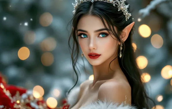 Girl, lights, crown, brunette, Christmas, New year, fur, elf