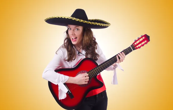 Girl, pose, yellow, background, guitar, hat, makeup, hairstyle