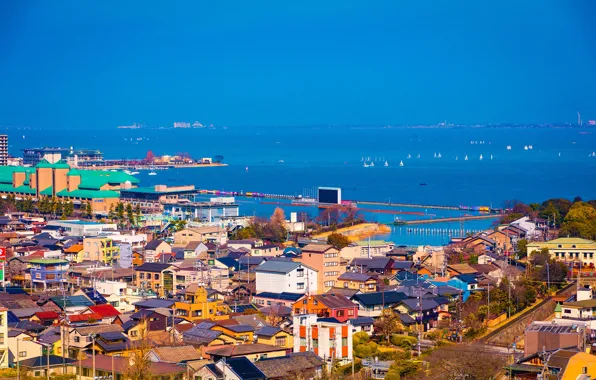 Roof, sea, the sky, the sun, trees, coast, boat, home