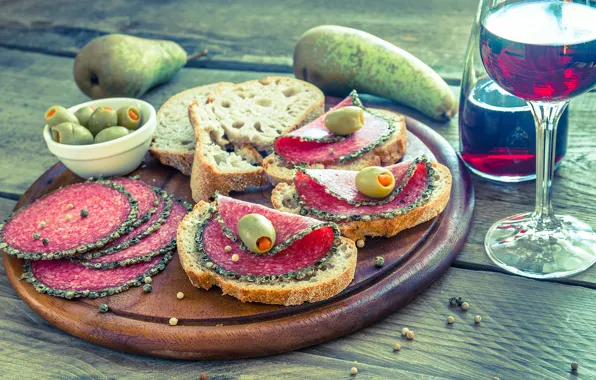 Wine, Board, pear, olives, sausage, sandwiches