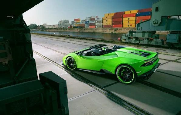 Car, the sky, green, Lamborghini, port, car, Spyder, containers