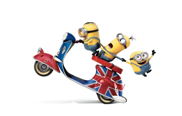 Picture cartoon, yellow, white background, scooter, characters, Minions, Minions
