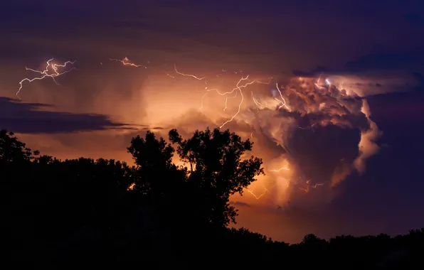 The storm, the sky, clouds, clouds, lightning, silhouette