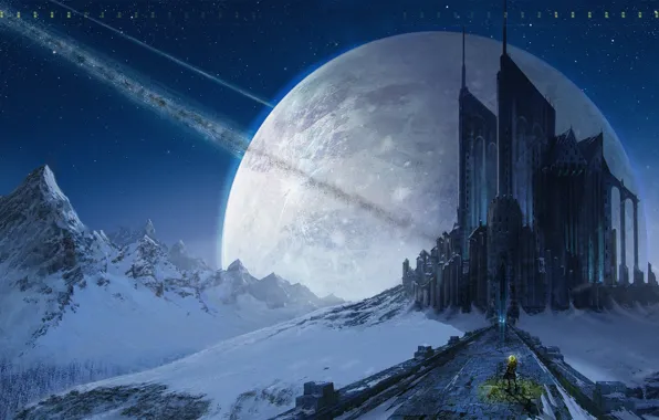 Picture road, the sky, space, stars, mountains, castle, planet