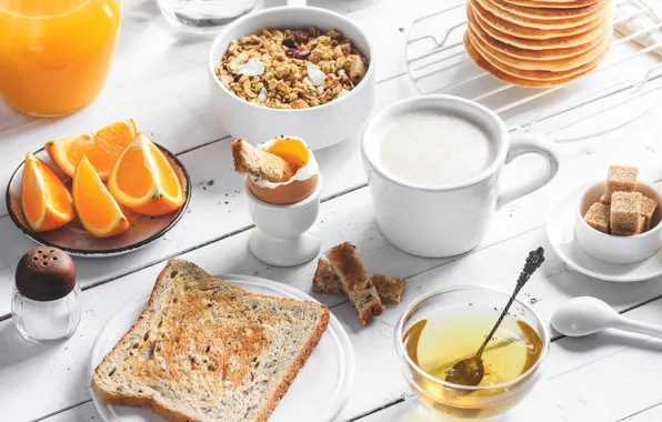 Breakfast, juice, honey, toast, granola