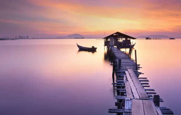 Picture sea, sunset, dock, canoe