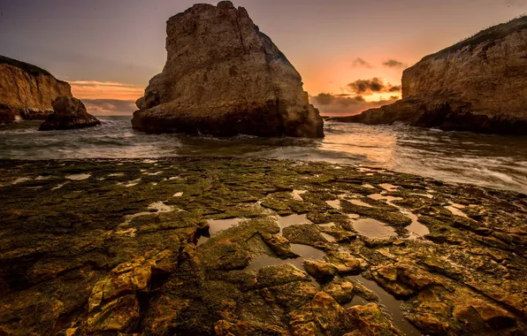 Picture sea, the sky, sunset, rocks, tide