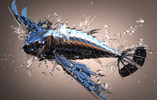 Picture water, metal, Shine, fish, 3Ds