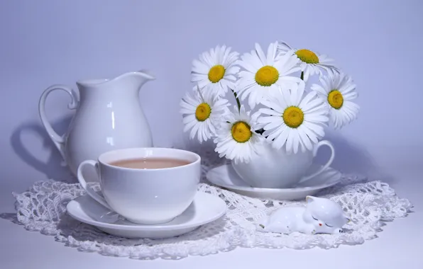 Picture coffee, chamomile, pitcher, bouquets, Camomiles