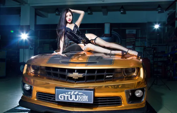 Machine, auto, girl, model, Asian, car, korean model, chevrolet Camaro