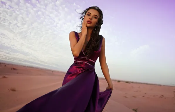 Picture sand, the sky, look, girl, clouds, desert, dress, Anton Shabunin
