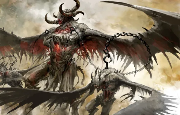 Picture wings, chain, horns, Guild Wars 2, demons, hook