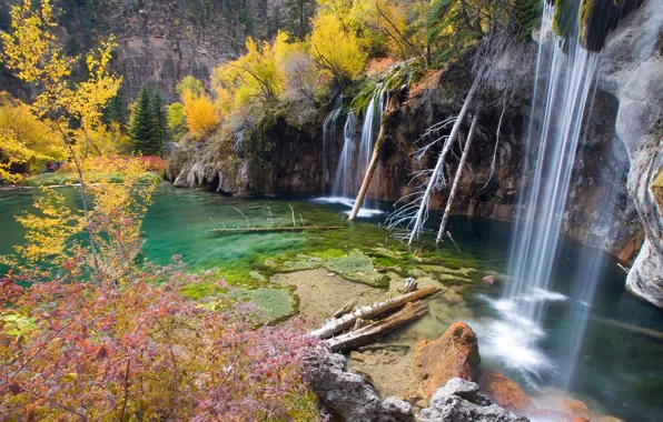 Trees, lake, rocks, waterfall, Hanging Lake