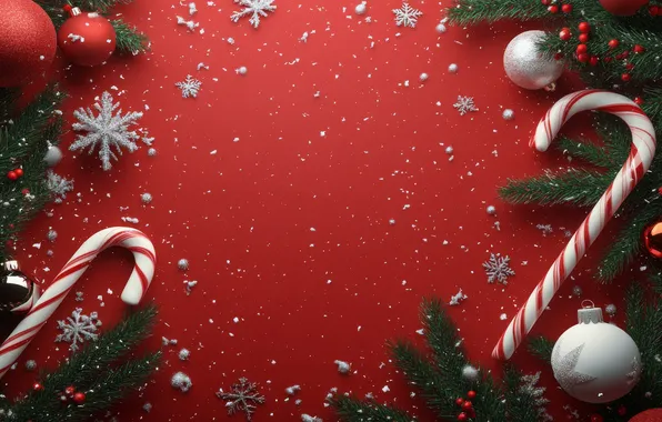 Balls, snow, snowflakes, branches, berries, frame, Christmas, New year