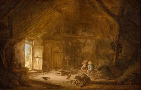 Tree, oil, picture, The interior of the Stables with Three Children, Isaac van Ostade