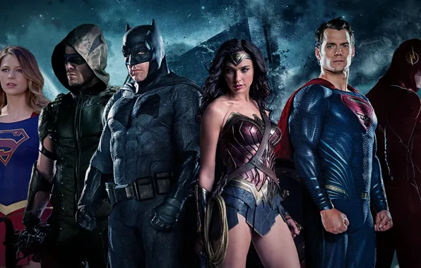 Picture batman, superman, supergirl, wonder woman, flash, Justice League, green arrow