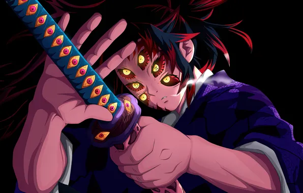 Anime, katana, ken, oriental, forte, oni, olhos, 1