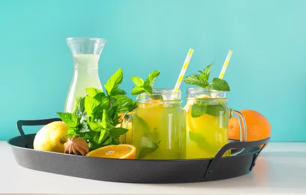 Orange, mint, lemons, lemonade
