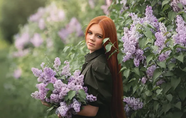 Picture girl, nature, Bush, bouquet, freckles, red, lilac, Natalia Vetoshkina