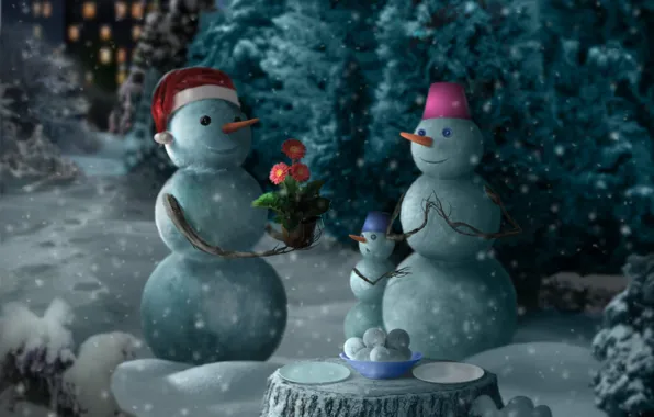 Winter, gift, collage, cartoon, tale, snowmen