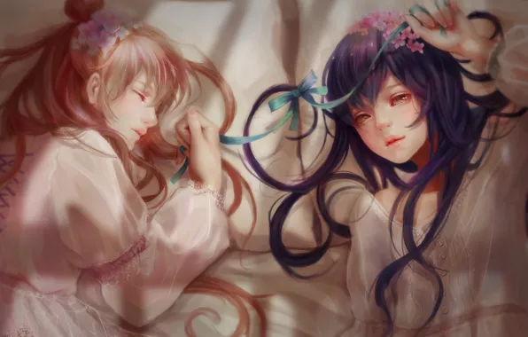 Picture flowers, girls, bed, anime, art, tape, pillow, bow