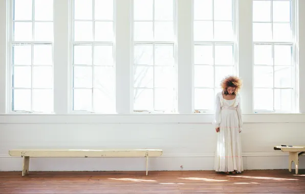 Girl, bench, room, window, madness, sunlight, sanatorium