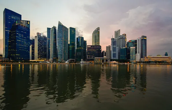 Picture lights, reflection, the evening, promenade, business center, Pohorski Strait, Singapore, the ultra-modern skyscrapers