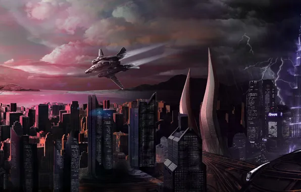 Picture the sky, the city, lightning, ship, Star Citizen
