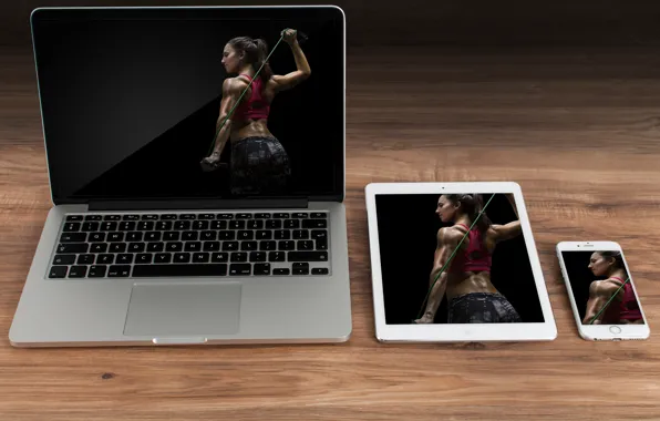 Picture woman, notebook, fitness, tablet, cellular smartphone