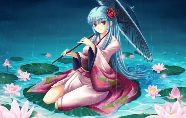 Picture girl, lake, umbrella, anime, water lilies