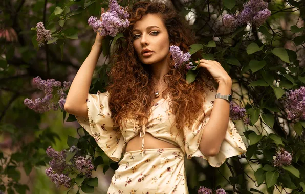 Look, girl, pose, hands, curls, long hair, lilac, Dmitry Shulgin
