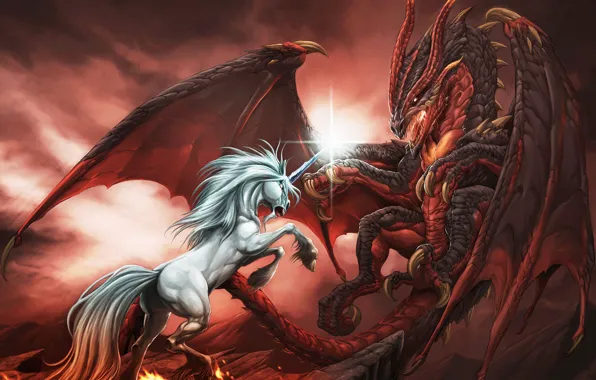 Picture Dragon, Battle, Dragon, Drawings, Mythology, Fire, Unicorn