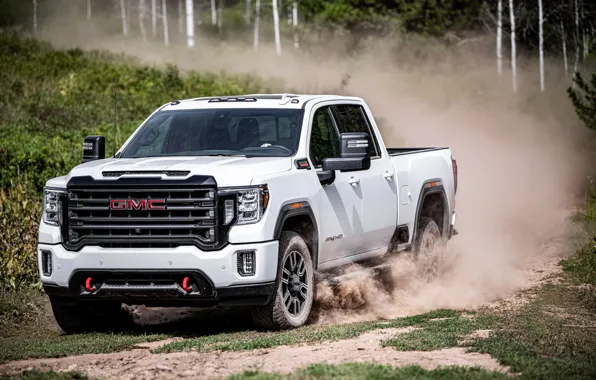 White, movement, dust, pickup, GMC, Sierra, AT4, 2020