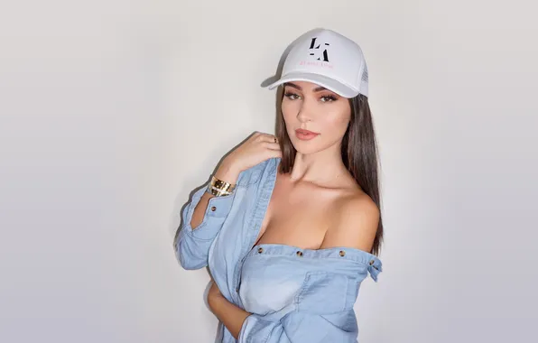 Hat, model, women, brunette, makeup, simple background, denim shirt, women indoors